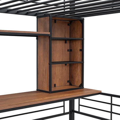 RITSU Twin Size Loft Bed with Desk and Storage Shelves, Metal BedFrame,w/Ladder & Fenced Around Guardrails, Easy Assembly, for Adults, Kids, Teens, Black - LeafyLoom