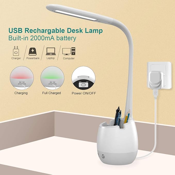 ERAY Kids Desk Lamp LED Study 2000mAh Rechargeable Desk Light with Pen Holder/ 8 Colors Night Light/ 3 Brightness Levels/Touch Control, Dimmable Table Lamp for Boys & Girls Eye-Caring Reading - LeafyLoom