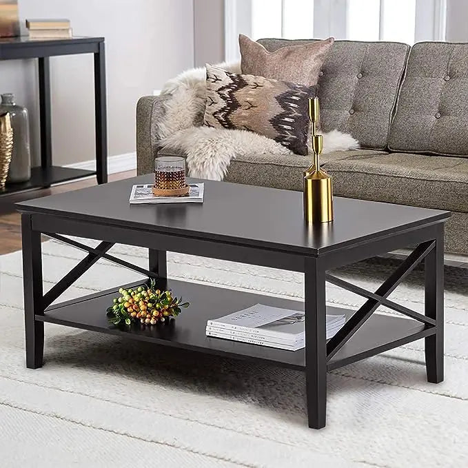 ChooChoo Oxford Coffee Table with Thicker Legs, Black Wood Coffee Table with Storage for Living Room - LeafyLoom