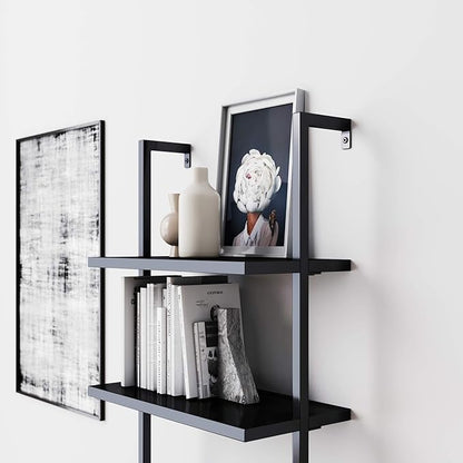 Nathan James Theo 5-Shelf Black Modern Bookcase, Open Wall Mount Ladder Bookshelf with Industrial Metal Frame - LeafyLoom