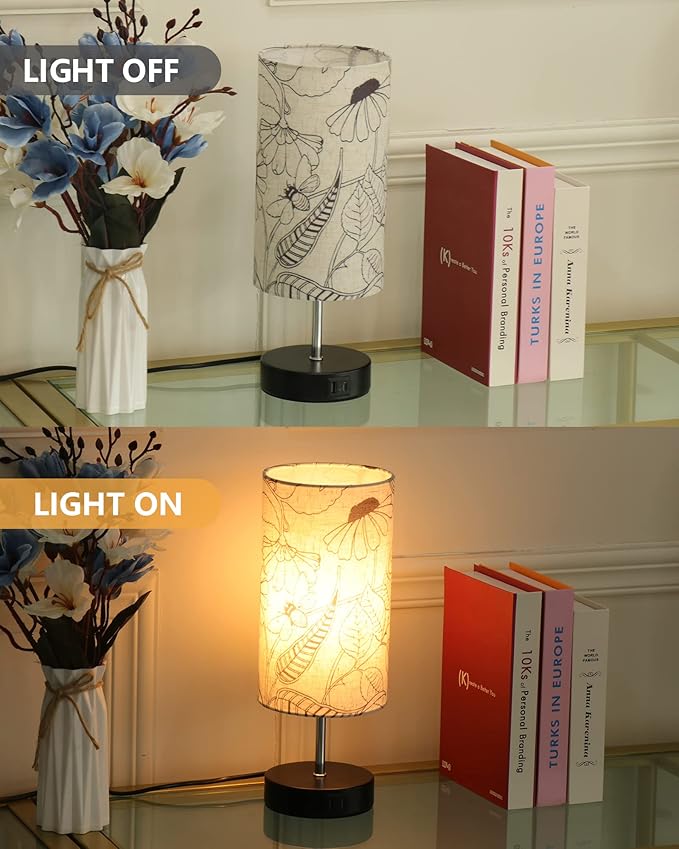 Touch Control Desk Lamp with 2 USB Ports, 3-Way Dimmable Bedside Lamp for Bedroom, Nightstand Lamp with Round Flower Fabric Shade for Living Room, Home Office (secret-single) - LeafyLoom