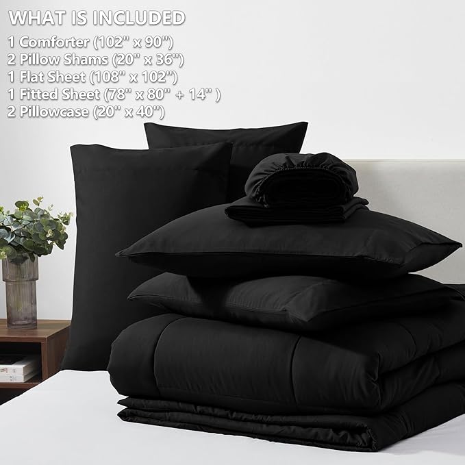 CozyLux King Size Comforter Set - 7 Pieces Bed in a Bag Set Black King, Complete Bedding Sets Bed Set for All Season with Comforter, Flat Sheets, Fitted Sheet, Pillowcases & Shams - LeafyLoom