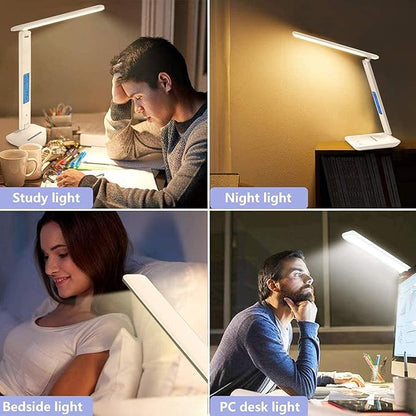 LAOPAO LED Desk Lamp with Wireless Charger, USB Charging Port, Adjustable Foldable Table Lamp with Clock, Alarm, Date, Temperature, 5-Level Dimmable Lighting, Office Lamp with Adapter, White - LeafyLoom