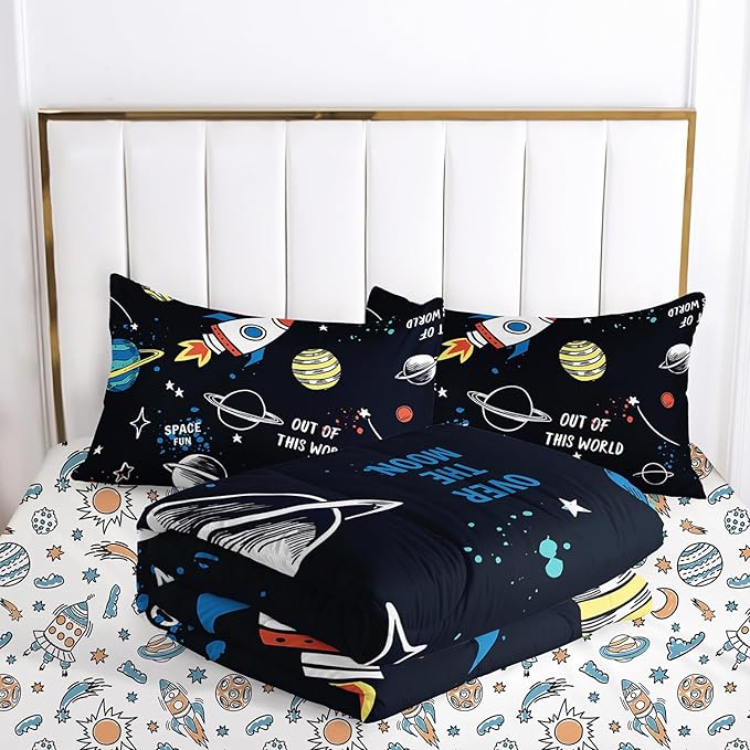 Space Comforter Set Twin 5PCS,Kids Bedding Set for Boys Twin,Rocket Bedding Twin Size.Kids Comforter Set Soft Bedding Sets,Bed in A Bag for Kids - LeafyLoom