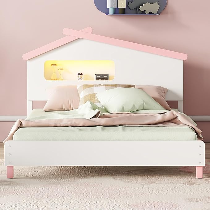 Bellemave Full Size Platform Bed with House-Shaped Headboard and Motion Activated Night Lights,Wood Twin Kids Bed Frame for Girls,Boys(Twin,Pink) - LeafyLoom