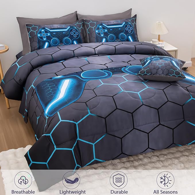 8Pcs Game Console Comforter Set with Sheets for Boys Girls Kids Teens, Geometric Gaming Themed Bed in A Bag Full Size, Blue 3D Video Gamer Controller Bedroom Decor Bedding Set-Blue - LeafyLoom