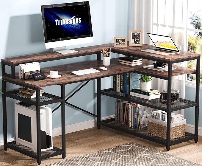 Tribesigns L Shaped Desk with Storage and Monitor Stand, Industrial Home Office Computer Desk with Storage Shelves, 59 Inch Corner Desk with Monitor Shelf(Brown) - LeafyLoom