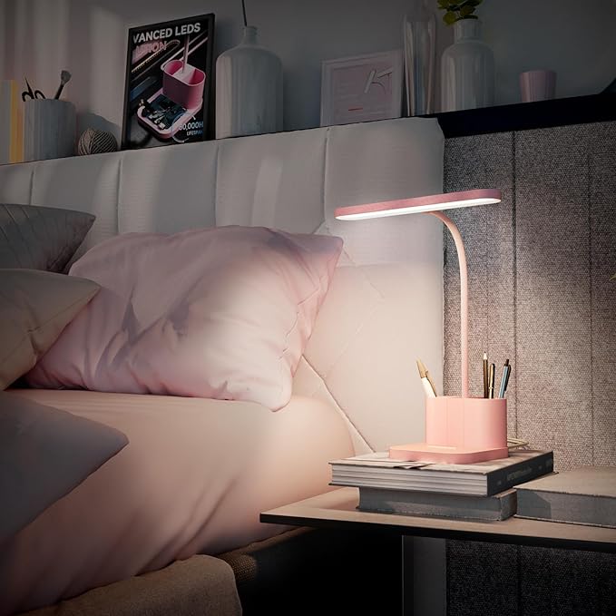 AXX Pink Desk Lamp for Home Office, Cute Desk Lamps for Bedrooms, Kawaii, Dimmable LED, Flexible Gooseneck, Pen Holder, Touch Control, Room College Dorm Essentials for Teen Girls Kids - LeafyLoom