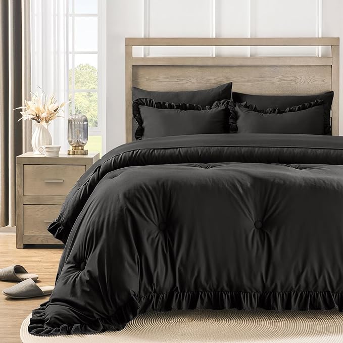 King Size Bed in a Bag 7 Pieces King Size Comforter Set, Ruffle Shabby Chic Bedding Comforter Set Black Bed Set with Comforter, Pillowcases, Flat Sheet, Fitted Sheet and Pillow Shams - LeafyLoom