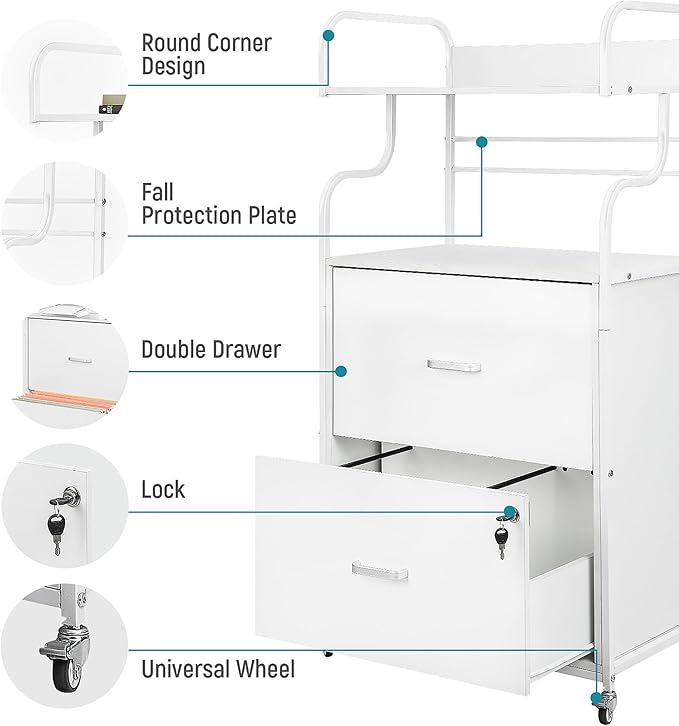 Vertical File Cabinet, 2 Drawer Mobile Filing Cabinet with 1 Bookshelf, Printer Stand with Open Storage Shelves Fits A4/Letter/Legal Size File Cabinets for Home Office Organizer, White - LeafyLoom