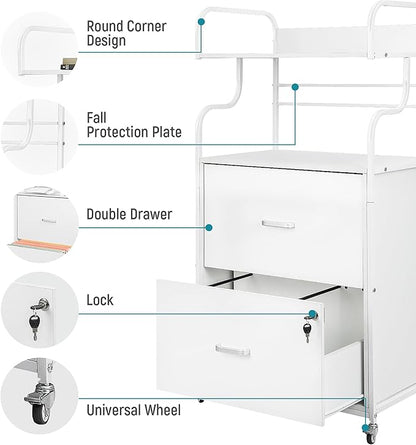 Vertical File Cabinet, 2 Drawer Mobile Filing Cabinet with 1 Bookshelf, Printer Stand with Open Storage Shelves Fits A4/Letter/Legal Size File Cabinets for Home Office Organizer, White - LeafyLoom