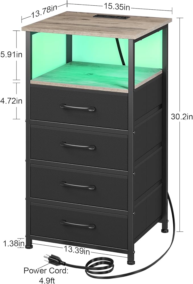 Nightstands Set of 2, Large End Tables Living Room, Bed Side Tables with Charging Station, 30" Tall Night Stand with 4 Fabric Drawers and LED Light Strip for Bedroom HNS014GY - LeafyLoom