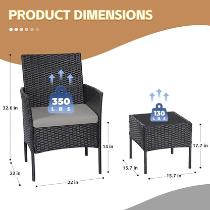 Patio Furniture Set 3 Pieces All-Weather Rattan Outdoor Furniture Patio Chairs with Tempered Glass Table for Porch Bistro Balcony Bistro Set(Black/Grey-2) - LeafyLoom