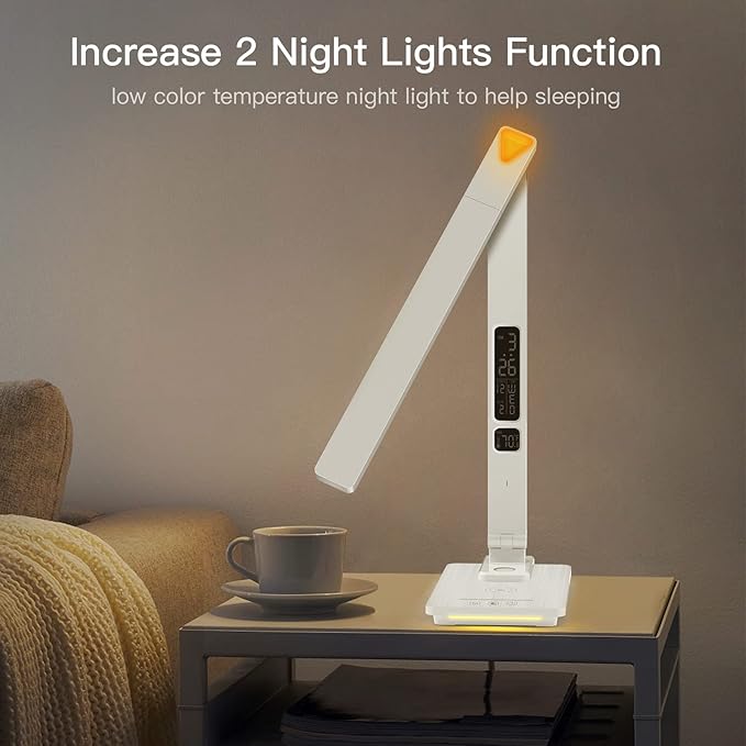 LAOPAO LED Desk Lamp with Wireless Charger, USB Charging Port, Sliding Dimmable Auto Timer Table Lamp with Night Light, Desk Lights with Clock for Study Reading Home Office - LeafyLoom