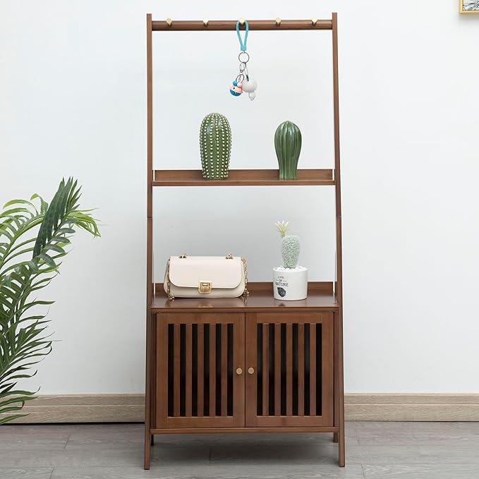 Bamboo Ladder Shelf Modern Wood Bookshelf Tall Bookcase Leaning Wall Shelves Open Standing Storage Rack Shelves for Living Room, Bathroom, Kitchen, Office(Brown, 3 Tier-27x12x47) - LeafyLoom