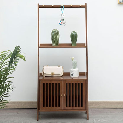 Bamboo Ladder Shelf Modern Wood Bookshelf Tall Bookcase Leaning Wall Shelves Open Standing Storage Rack Shelves for Living Room, Bathroom, Kitchen, Office(Brown, 3 Tier-21x11x47) - LeafyLoom