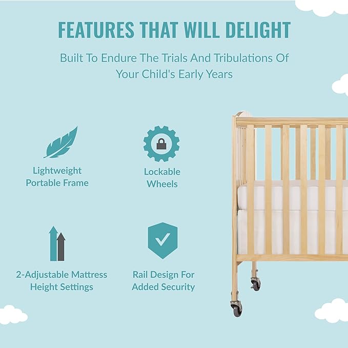 Folding Full Size Convenience Crib In Natural, Two Adjustable Mattress Height Positions, Comes With Heavy Duty Locking Wheels, Flat Folding - LeafyLoom