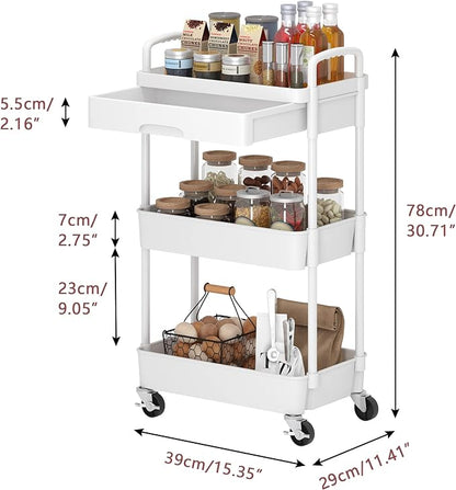 3-Tier Rolling Cart，Trolley with Drawer, Multifunctional Storage Organizer with Plastic Shelf & Metal Wheels, Kitchen Storage Cart for Living Room, Kitchen, Office, Bathroom, White - LeafyLoom