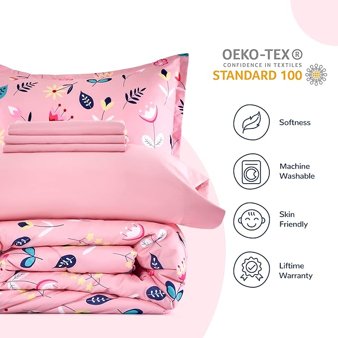 SLEEP ZONE Kids Bedding Comforter Set Full/Queen Size - Super Cute & Soft Kids Bedding 7 Pieces Set with Comforter, Sheet, Pillowcase & Sham (Pink Flower) - LeafyLoom