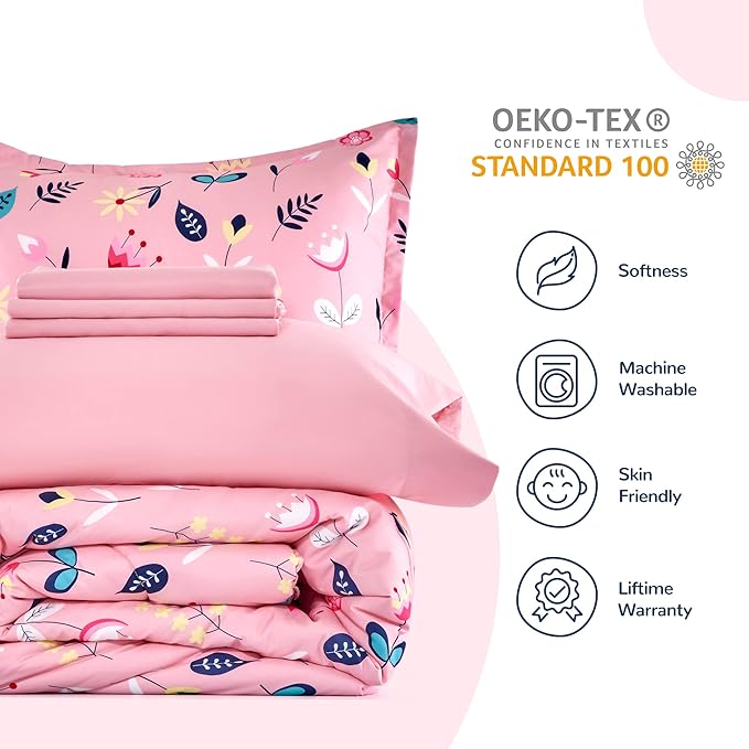 SLEEP ZONE Kids Twin Bedding Comforter Set - Super Cute & Soft Kids Bedding 5 Pieces Set with Comforter, Sheet, Pillowcase & Sham (Pink Flower) - LeafyLoom