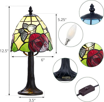 Stained Glass Butterfly with rose Design Table or Desk Light, Tiffany Style mini table Lamp-LED Bulb Included-Vintage Look Colorful Accent Decor - LeafyLoom