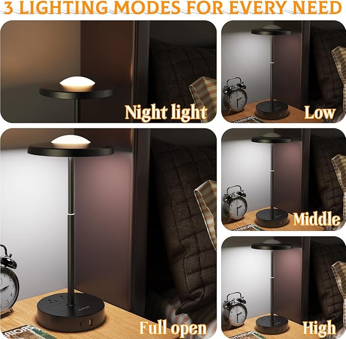 LED Table Lamp Dimmable Desk Lamp Reading Lamp with USB A & Type C Charging Port 2 Prong Outlet Power Touch Control Night Light Retractable for Bedroom, Living Room, Dorm, Study, Home Office - LeafyLoom