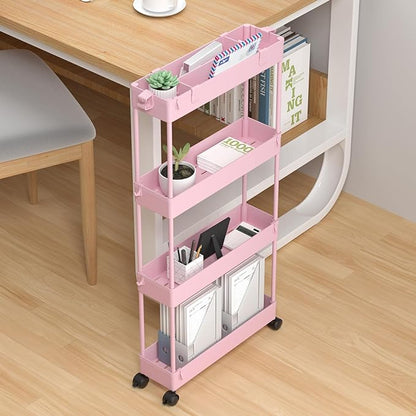 SPACELEAD Slim Storage Cart 4 Tier,Bathroom Storage Organizer Rolling Utility Cart, Mobile Shelving Unit Slide Out Storage Cart for Office, Bathroom, Kitchen, Laundry Room & Narrow Places， Pink - LeafyLoom