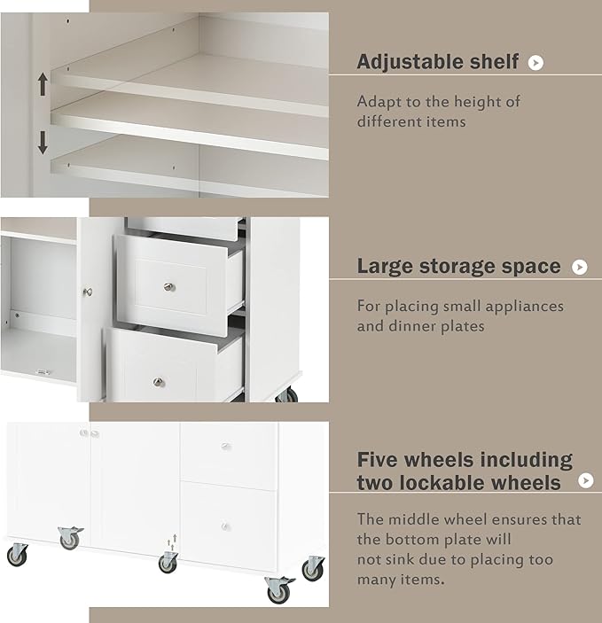 52.7 Cart with Wood Top and Drop Leaf Breakfast Bar, Rolling Mobile Island Towel Rack,Large Storage Cabinet Kitchen Table for Dinning Room, White, 52.76 Inch - LeafyLoom