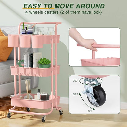 3-Tier Rolling Mobile Utility Cart with Hanging Cups & Hooks & Handle Multifunctional Organizer Storage Trolley Service Cart with Wheels Easy Assembly for Office, Bathroom, Kitchen(Pink) - LeafyLoom