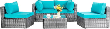 Shintenchi 5 Pieces Outdoor Patio Sectional Sofa Couch, Silver Gray PE Wicker Furniture Conversation Sets with Washable Cushions & Glass Coffee Table for Garden, Poolside, Backyard (Blue) - LeafyLoom