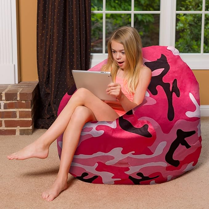 Posh Creations Bean Bag Chair for Kids, Teens, and Adults Includes Removable and Machine Washable Cover, Soft Nylon - Camo Pink and Black, 48in - X-Large - LeafyLoom