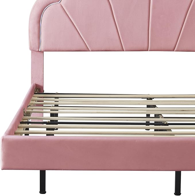 Queen Upholstered Smart LED Bed Frame with Elegant Flowers Headboard, Floating Velvet Platform LED Bed with Wooden Slats Support, No Box Spring Needed, Easy Assembly, Pink - LeafyLoom