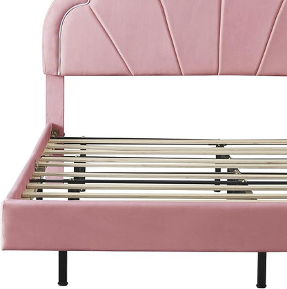 Queen Upholstered Smart LED Bed Frame with Elegant Flowers Headboard, Floating Velvet Platform LED Bed with Wooden Slats Support, No Box Spring Needed, Easy Assembly, Pink - LeafyLoom