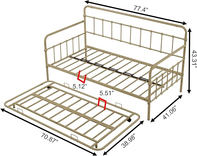 Twin Size Bed W/Slats,Metal Frame Daybed with Trundle & Anti-Noise Design,Space-Saving,Easy to Install,for Living Room Bedroom Apartment,Bronze - LeafyLoom