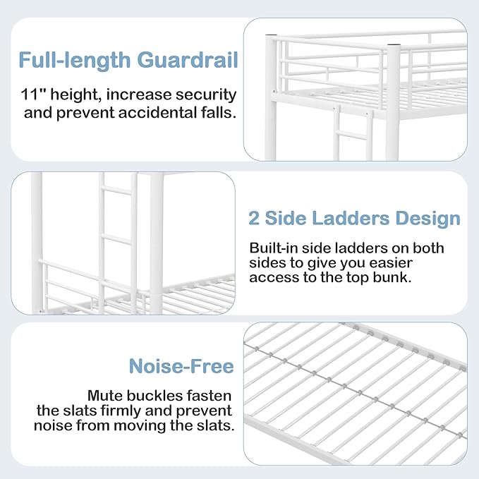 VECELO Twin Over Twin Bunk Bed with Trundle, Metal Bunkbeds with Ladder and Full-Length Guardrail, Noise Free, No Box Spring Needed, Off White - LeafyLoom