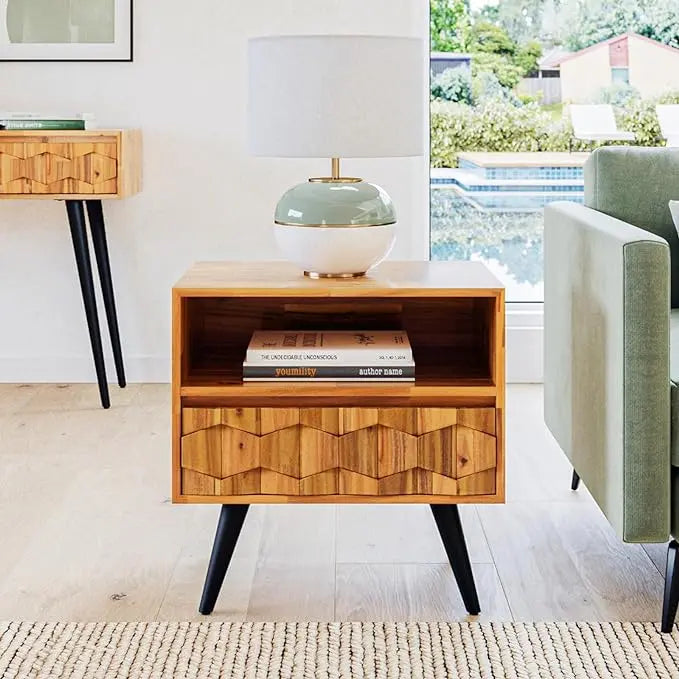 Bme Georgina Solid Wood Coffee Tables & Nightstands with Geometric Details, 2 Drawers - LeafyLoom