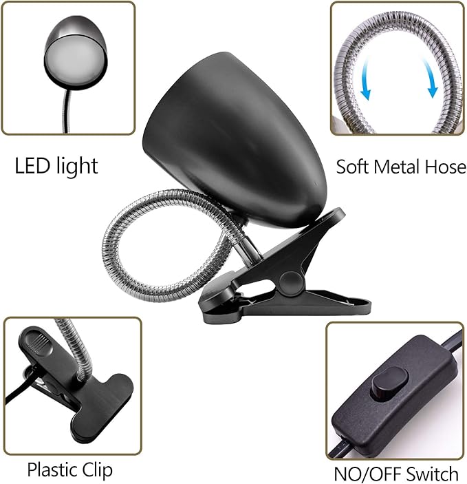 Clip on Light for Bed, Non-Dimmable Clip on Reading Light for Bed, 4000K Cool White, 3.5W 240 LM desk lamp with clamp, Eye Protection, ETL Listed, Black - LeafyLoom