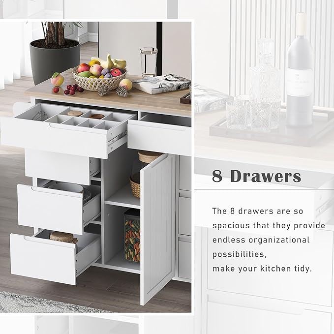 Kitchen Island with Storage, Rolling Table on Wheels w/Handle-Free Drawers Including a Flatware Organizer for Dinning Room, Rubber Wood Contertop - LeafyLoom