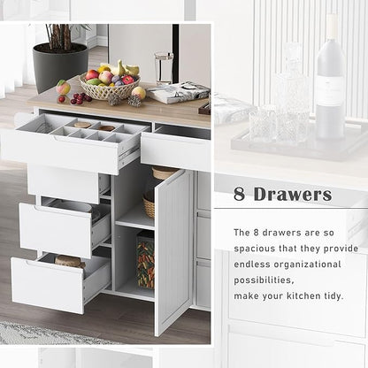 Kitchen Island with Storage, Rolling Table on Wheels w/Handle-Free Drawers Including a Flatware Organizer for Dinning Room, Rubber Wood Contertop - LeafyLoom