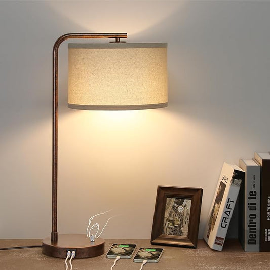 Vintage Table Lamp, Fully Dimmable Table Lamp with Dual USB Charging Ports, Farmhouse Bedside Lamp Nightstand Light, Tall Reading Desk Lamp for Living Room, Bedroom, Office, 9W LED Bulb Included - LeafyLoom