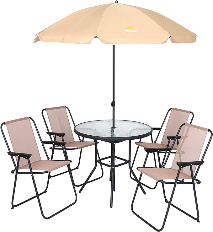 Nice C Outdoor Dining Sets, Patio Furniture Set, 8 Piece Set with Umbrella, Garden Outdoor Furniture Table Set with Tilted Removable Umbrella, Glass Table, and 6 Folding Chairs (Beige-6 Piece) - LeafyLoom