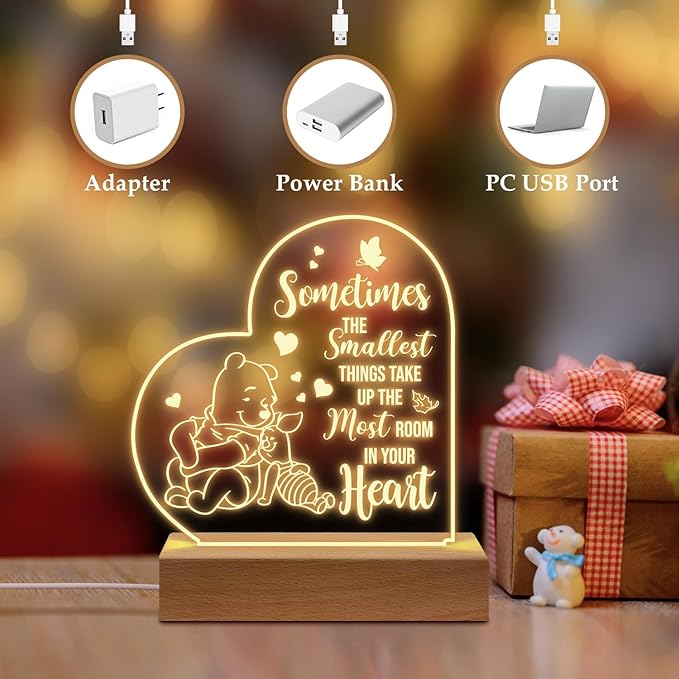 Winnie The Pooh Night Light Acrylic Engraved Night Light with Base, Winnie The Pooh Gifts for Birthday Christmas Graduation Back to School Gift Daughter Son Sister Friends - LeafyLoom