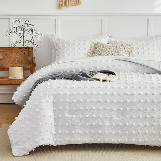 7 Pieces Tufted Dots Bed in a Bag Queen Comforter Set with Sheets White , Soft and Embroidery Shabby Chic Boho Comforters, Solid Color with Pom Pom Design, Jacquard Tufts Bedding Set for All Season - LeafyLoom