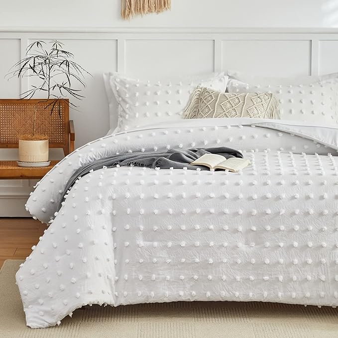 7 Pieces Tufted Dots Bed in a Bag King Comforter Set with Sheets White , Soft and Embroidery Shabby Chic Boho Comforters, Solid Color with Pom Pom Design, Jacquard Tufts Bedding Set for All Season - LeafyLoom