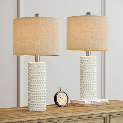 PORTRES 24" Farmhouse Ceramic Table Lamp Set of 2 for Bedroom Living room White Desk Decor Bedside Lamps for Study Room Office Dorm Modern Accent Nightstand Lamp End Table lamps - LeafyLoom