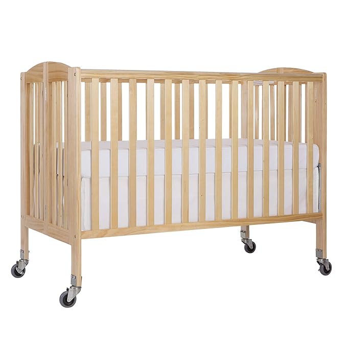 Folding Full Size Convenience Crib In Natural, Two Adjustable Mattress Height Positions, Comes With Heavy Duty Locking Wheels, Flat Folding - LeafyLoom