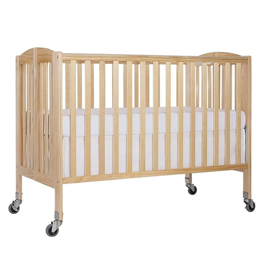 Folding Full Size Convenience Crib In Natural, Two Adjustable Mattress Height Positions, Comes With Heavy Duty Locking Wheels, Flat Folding - LeafyLoom