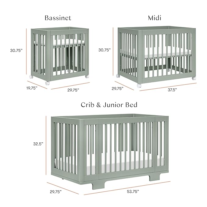 Babyletto Yuzu Convertible All-Stages Bassinet, Midi, Full-Size Crib in Light Sage, Greenguard Gold Certified, Portable & Adjustable with Conversion Kits and Pads Included - LeafyLoom