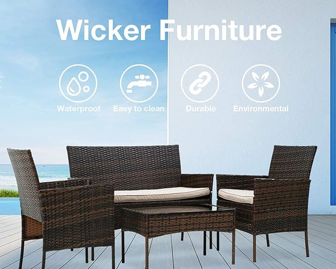 Outdoor Patio Furniture Sets 4 Pieces Patio Set Rattan Chair Wicker Sofa Conversation Set Patio Chair for Backyard Lawn Porch Poolside Balcony Garden Furniture Sets with Coffee Table (Brown) - LeafyLoom