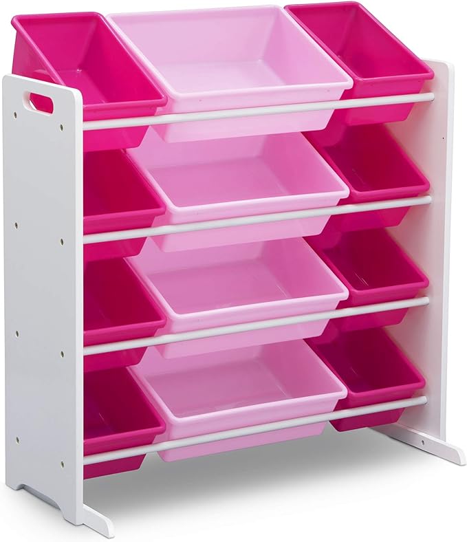 Delta Children Kids Toy Storage Organizer with 12 Plastic Bins - Greenguard Gold Certified, White/Pink - LeafyLoom